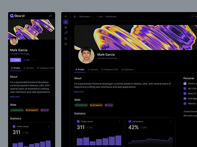 Profile Template — Glow UI account charts dark mode design system glow ui header. profile ui ui kit