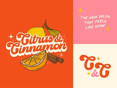 Citrus & Cinnamon Branding 70s branding cheerful cinnamon citrus colorful girly lemon logo orange pink retro salon script seventies sparkle spice submark vintage wavy