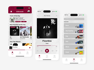 BrandX - Music Player Mobile Apps apps branding clean design figma iphone mobile music play player simple smartphone ui uiux ux white