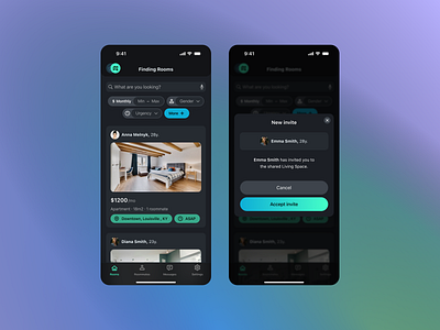 Rooms & Roommate Finding apartment cards design finding mode gradient inspiration ios mobile modal room roommate ui ui ux ux