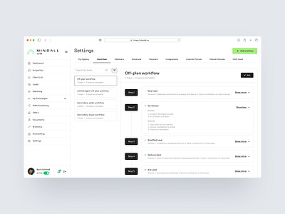 Workflows | Mindall CRM action admin agent automation b2b broker check crm design designsystem digital lead product saas sales settings steps ui ux workflow