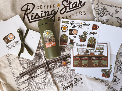 Local Coffee Shop Merch Design branding cityscape coffee coffee mug earth tones flash sheet graphic design illustration pins plants