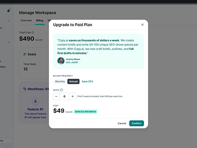 Copy.ai Upgrade Modal ai annual deal discount minimal modal monthly paid plan price promo saving testimonial ui upgrade