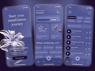 Mobile app for meditations and melodies: harmony through design animation design figma gentle interface interfacedesign ios meditations melody mobile mobileapp mobiledesigne music photoshop popular ui userexperience userinterface ux webdesign