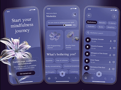 Mobile app for meditations and melodies: harmony through design animation design figma gentle interface interfacedesign ios meditations melody mobile mobileapp mobiledesigne music photoshop popular ui userexperience userinterface ux webdesign