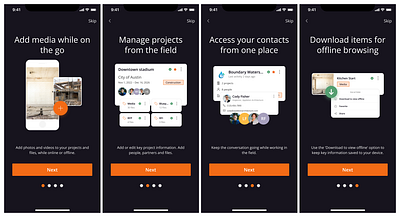 Onboarding Screens aec construction dark mode engineering mobile app onboarding