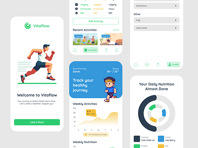 Vitaflow App activity animation app branding design fitness health icon illustration interaction nutrition tracker ui wellness