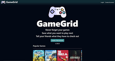 GameGrid - Full Stack Web Application website mockup