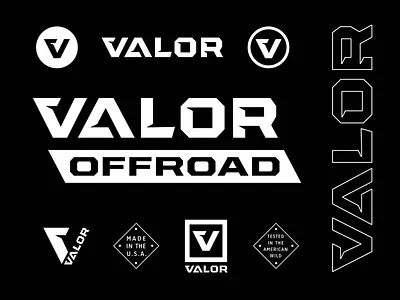 Valor Offroad Logo suite black and white brand branding car company clean crest hand lettering industrial logo logo package logo suite logotype offroad offroading rim rugged tire v valor