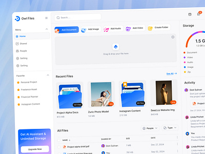 Owl Files - Document Management Dashboard cleandesign dashboarddesign document documentmanagement fileorganization filestorage intuitiveinterface moderndashboard teamcollaboration ui design uiuxdesign userexperience web design