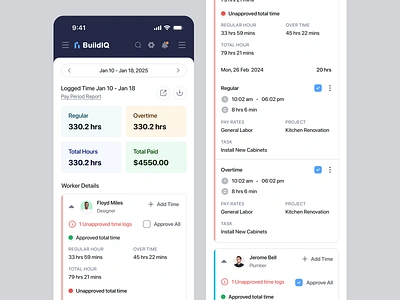 Time tracking _ Construction Management app construction dashboard employee management energy field job management mobile mobile responsive payroll product design roofing saas solar time log time tracking timesheet ui design uiux