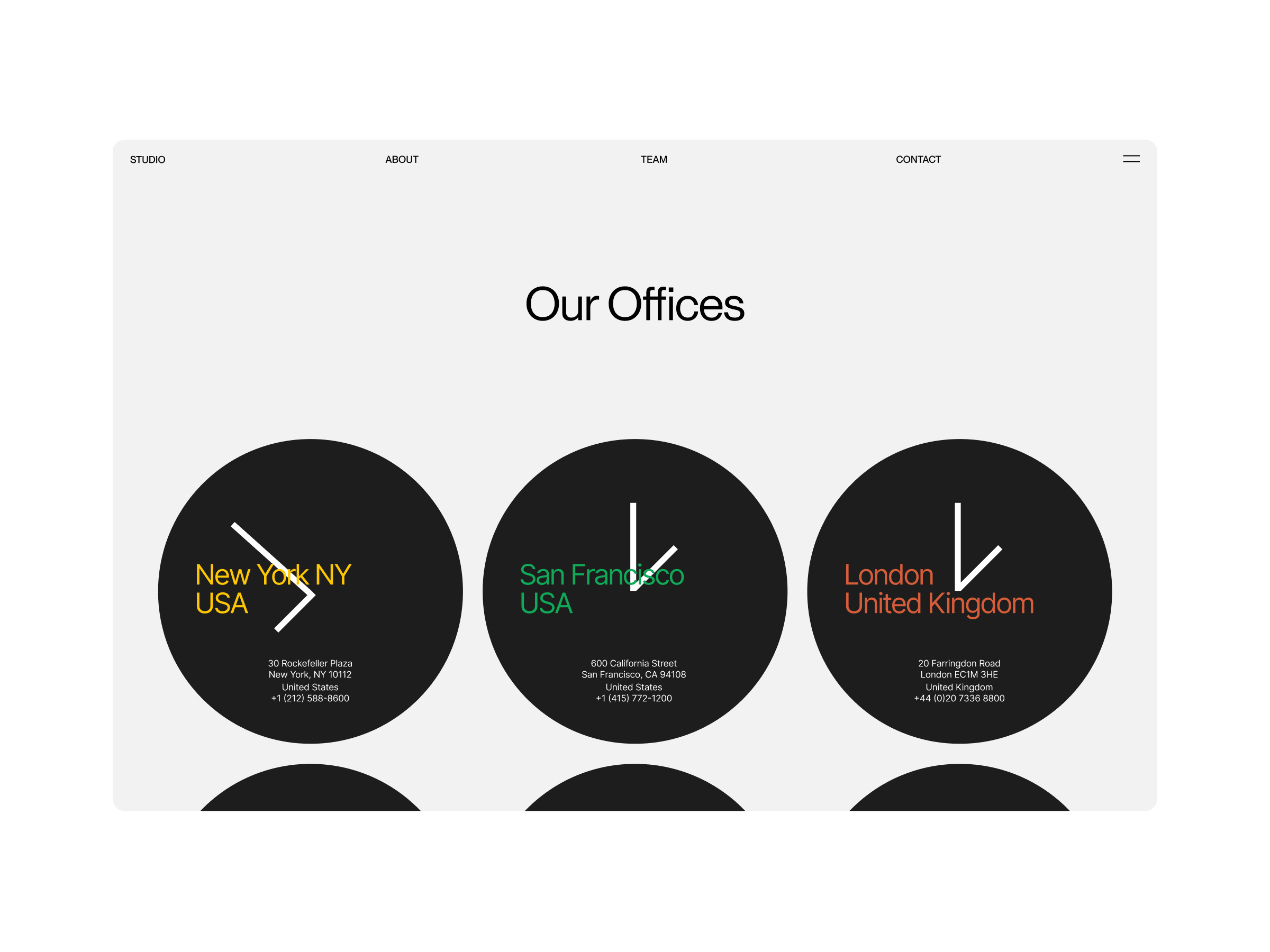 Studio office locations bold branding design logo minimal typography ui website