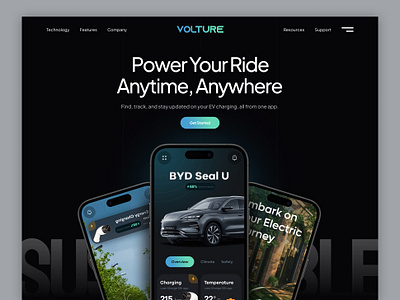 Volture | EV Charging Solutions brand visual identity charging route charging station electric car electric charger electricity ev hero page landing page mobile app product page productdesign uxuidesign website design