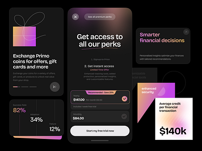 Primo finance app app black colourful dark dashboard fin finance landing mobile page site tech typography ui vibrant web