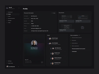 HR Dashboard User Side - Profile Page chart dashboard data documents file hr hr management information interaction morva morva labs personal product design profile profile page saas saas dashboard schdule tasks user side