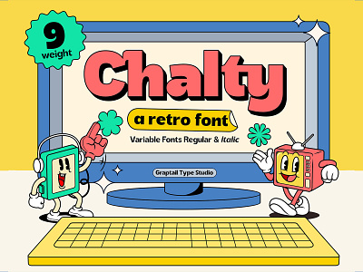 Chalty - Retro Font Family 70s 80s 90s chunky decorative display family font font graptail ligatures nostalgia old school quirky retro sans serif typeface typography vintage