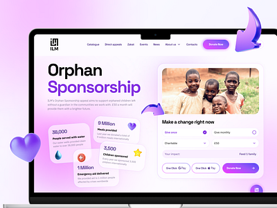 Charity Website UI/UX Design 3d black blue bold branding charity design desktop donation gradient graphic design illustration interface logo purple sleek ui uiux ux website