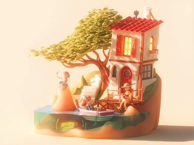 Costa Brava Family 🇪🇸 3d animation c4d character design cinema4d family house illustration isometric redshift spain sunset