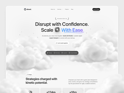 Drewl 2.0 Start-up Hero agency brand branding clean cloud design gradient hero identity landing minimal monochrome rocket saas start up studio ui ux white