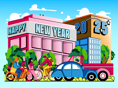 NEW YEAR EVE 2025 boldsign brown build build city traffic design ilustration new year new year eve pink sky ui ui8 uiux ux vector vector ilustration vector set