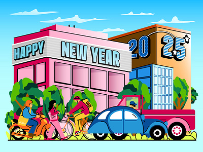 NEW YEAR EVE 2025 boldsign brown build build city traffic design ilustration new year new year eve pink sky ui ui8 uiux ux vector vector ilustration vector set