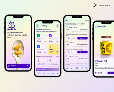 nourishly - AI-driven wellness Tracker android app design card design goods health app healthcare home page ios launch screen mobile mobile app modern product card product listing registration ui uiux ux wellness