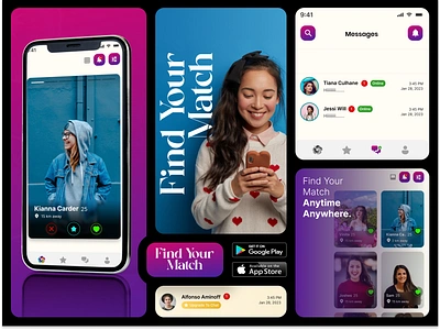 Seamless Matchmaking: Mobile App Design Highlight app branding app showcase bold visuals collaboration app connection app ui content creator app couples accounts dating app design dm preferences group messaging innovative features minimalist design modern app design networking platform profile saving seamless experience swipe feature unique lifestyle app user centric ui video introduction