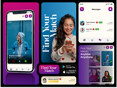 Seamless Matchmaking: Mobile App Design Highlight app branding app showcase bold visuals collaboration app connection app ui content creator app couples accounts dating app design dm preferences group messaging innovative features minimalist design modern app design networking platform profile saving seamless experience swipe feature unique lifestyle app user centric ui video introduction