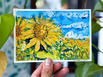 Tournesol 🌻 - L'alphabet de mon jardin 2024 alphabet aquarelles art art traditionnel beauté bleu botanical contemplation fleurs floral gouache green illustration illustratrice traditionnelle jardin natasha gonzalez paisible poetic tournesol yellow