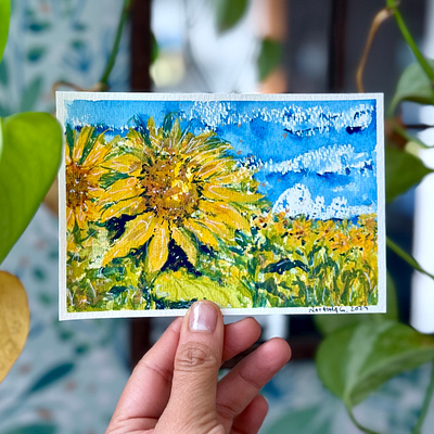 Tournesol 🌻 - L'alphabet de mon jardin 2024 alphabet aquarelles art art traditionnel beauté bleu botanical contemplation fleurs floral gouache green illustration illustratrice traditionnelle jardin natasha gonzalez paisible poetic tournesol yellow