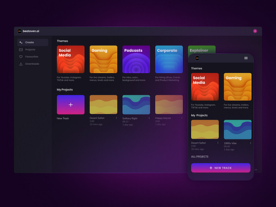 UI for AI music creator. ai clean dark theme product design ui