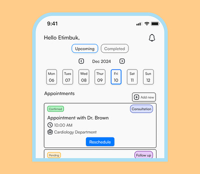 Appointment/calendar screen for a healthcare app app design appointment screen calendar screen figma healthcare app mobile app design reminder screen ui design uiux uiux design visual design web design wireframing