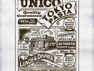 6 Page Menu Designs brand design catalogue design independent business italian cuisine japanese cuisine la eats la food la restaurants logo design los angeles menu menu art menu designs newspaper design redondo beach restaurant branding retro texture small business texture vintage texture