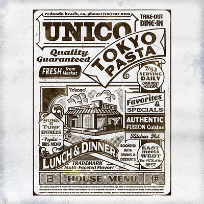 6 Page Menu Designs brand design catalogue design independent business italian cuisine japanese cuisine la eats la food la restaurants logo design los angeles menu menu art menu designs newspaper design redondo beach restaurant branding retro texture small business texture vintage texture