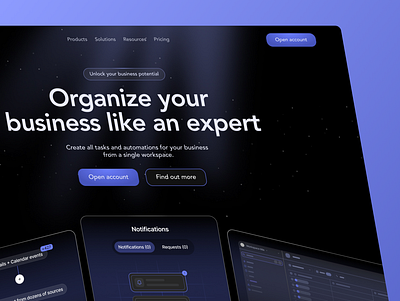 Management Software Business Web Design Landing Page business dark mode dashboard hero section landing page landingpage management notifications organizer platform saas software system task task manager tools violet web design webdesign website