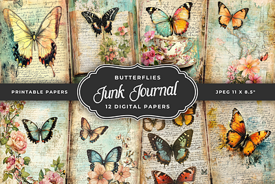 Butterflies Junk Journal Paper butterflies digital paper junk journal pages junk journal papers scrapbooking vintage