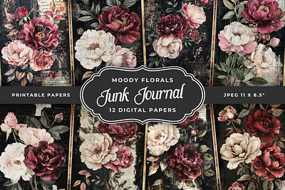 Moody florals junk journal paper digital paper junk journal pages junk journal papers moody florals scrapbooking vintage