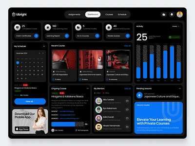 Dashboard Learning Course app calendar chart clean dark design fireart learn mode ui ux