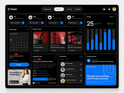 Dashboard Learning Course app calendar chart clean dark design fireart learn mode ui ux