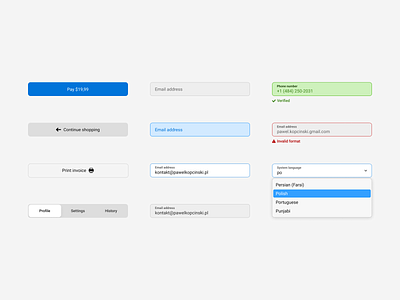 SaaS Design system components - buttons, inputs, dropdown active button c2a cta default design dropdown error flat hover inputs library primary secondary segmented states success system tertiary ui