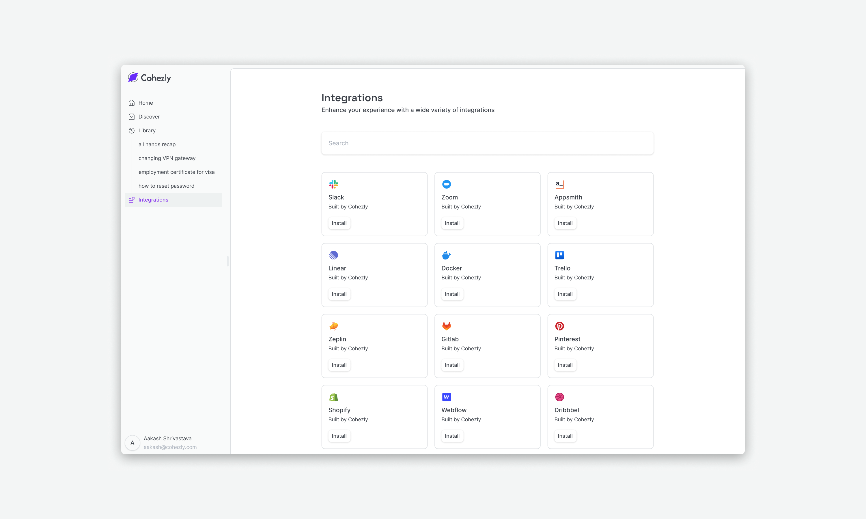 Integration store - Cohezly integrations marketplace saas ui