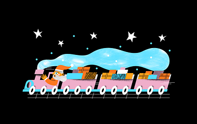 Santa Train cheer community fast festive fun gift hand happy holiday human illustration magic night presents race santa smoke snow stars train