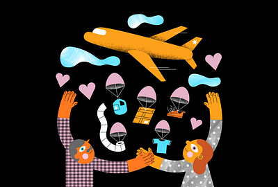 Operation Airdrop airplane clouds community disaster family fly gifts hands happy helping human illustration parachute pattern relief shoe sky supplies texture toilet paper