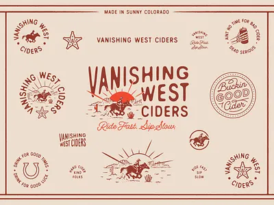 Vanishing West Ciders Logo Suite badge brand branding crest hand lettering horse horse illustration horse shoe illustration lettering logo logo design logo suite logo system logotype script setting sun sun set visual identity western illustration