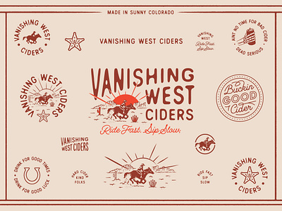 Vanishing West Ciders Logo Suite badge brand branding crest hand lettering horse horse illustration horse shoe illustration lettering logo logo design logo suite logo system logotype script setting sun sun set visual identity western illustration