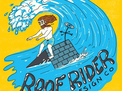 The Roof Rider Surfer Illustration barrel blue branding funny hand drawn illustration kook ocean roof rrdc silly surfer surfing water wave weird yellow