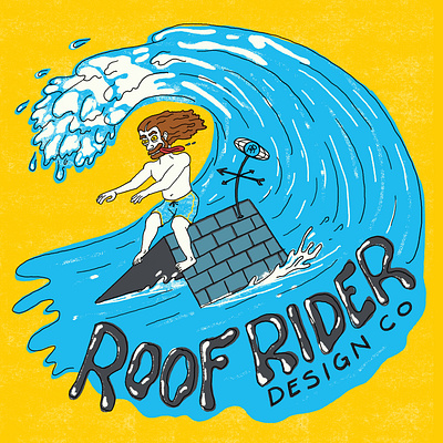 The Roof Rider Surfer Illustration barrel blue branding funny hand drawn illustration kook ocean roof rrdc silly surfer surfing water wave weird yellow