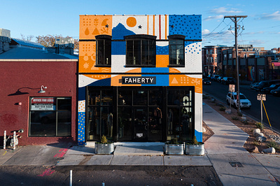 Faherty Store Front Mural, Denver, CO apparel brand blue blue and orange branded mural denver faherty mountain mural mural mural design mural painting nature ocean design ocean mural orange orange and blue painting rino art district vicarel studios