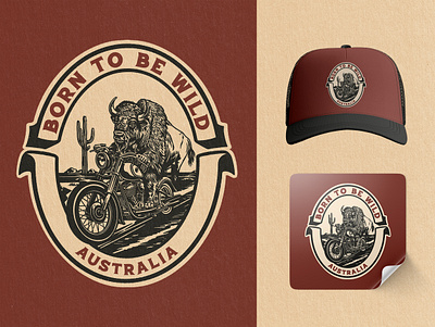 BORN TO BE WILD AUSTRALIA badge design bison branding brandmark byso cactus clothing graphic design identity design illustration logo logo design motorcycle patch design print vintage