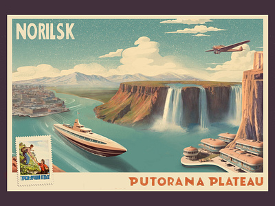 Putorana Plateau boat digital art graphic design illustration landscape nature norilsk putorana plateau russia waterfall